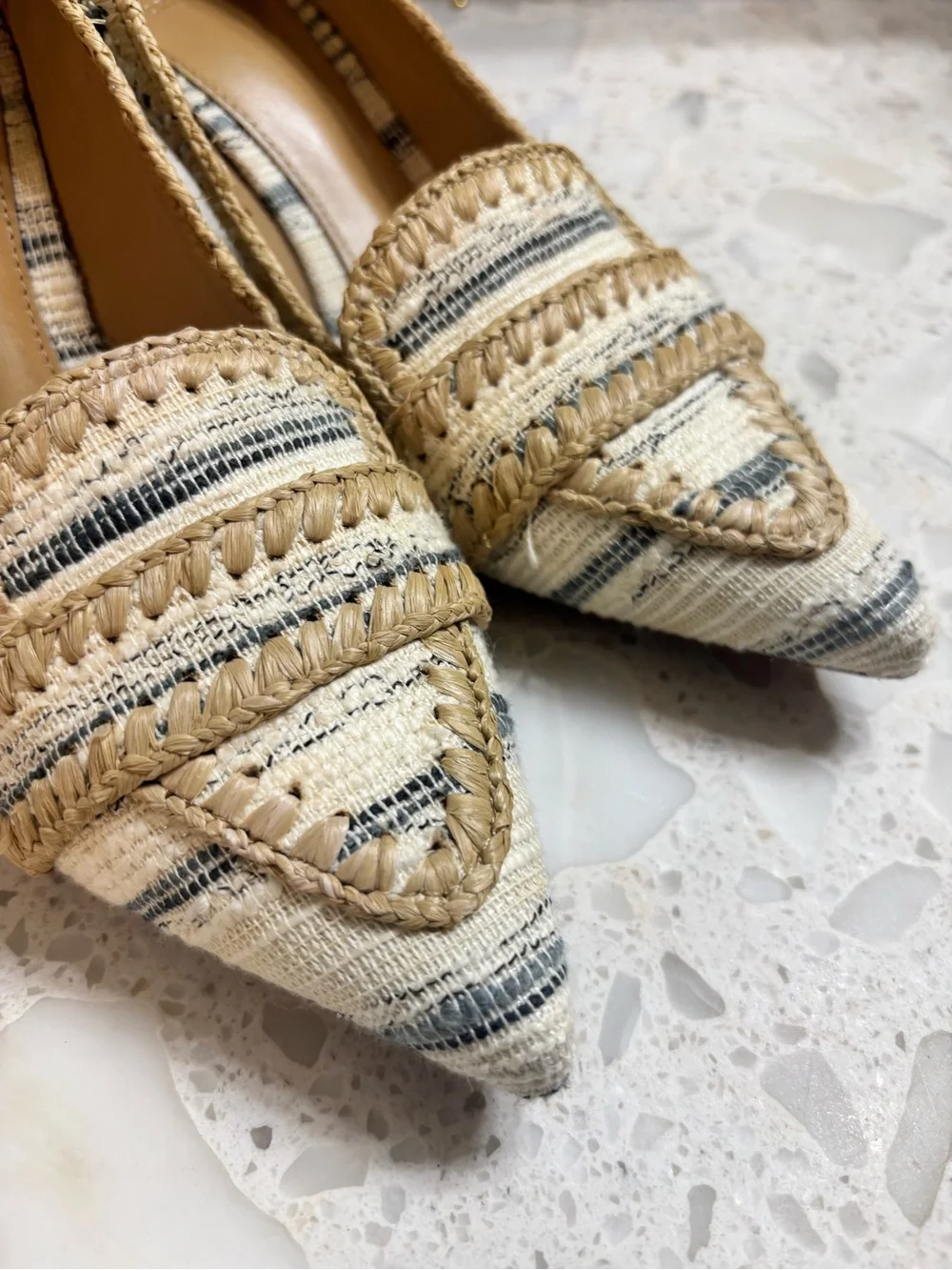 Tory Burch Beige Striped Raffia Pointed-Toe Flats